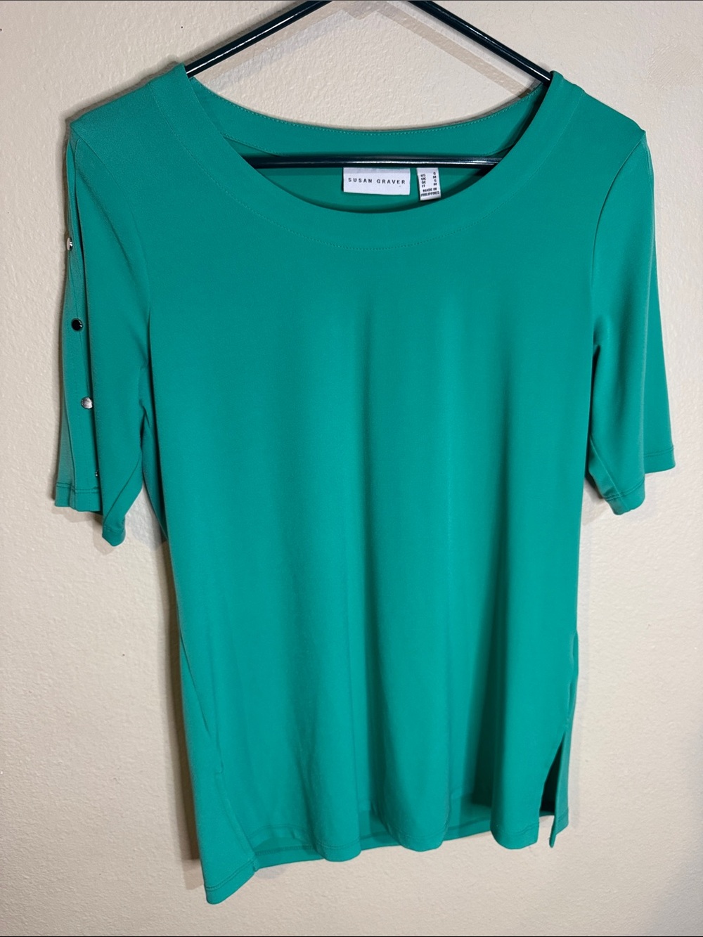 Susan Graver Teal Short-Sleeve Knit Top with Button Sleeve Detail